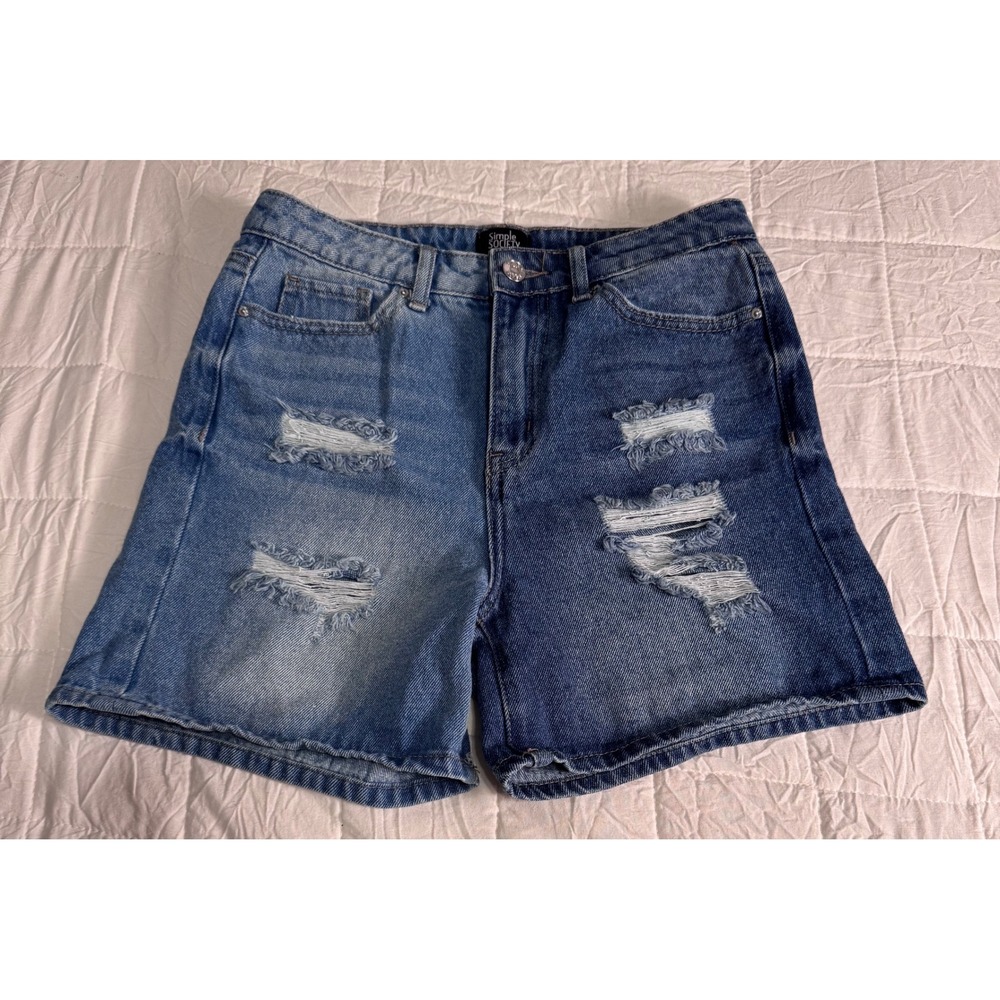 Festival Two Tone Distressed Y2K Denim Shorts Blue High‎ Waisted Size 5/27